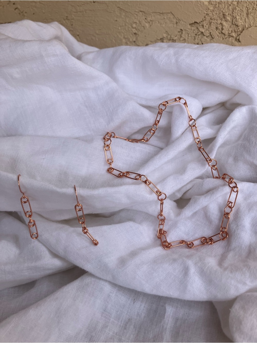 Tribute to Punk safety pin inspired copper Link Necklace and Earrings Set